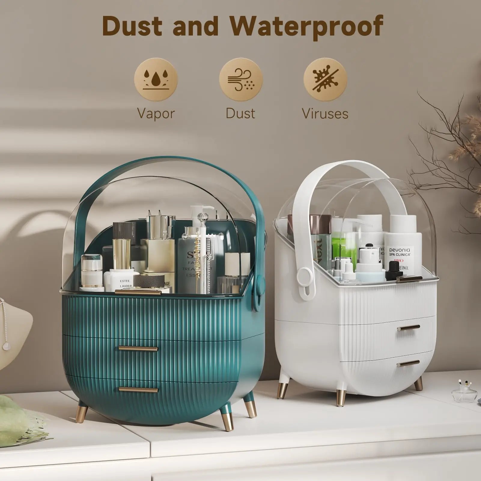 Makeup Storage Organizer with Lid Waterproof Cosmetics Skincare Organizer for Vanity Portable Cosmetics Storage Box for Girls