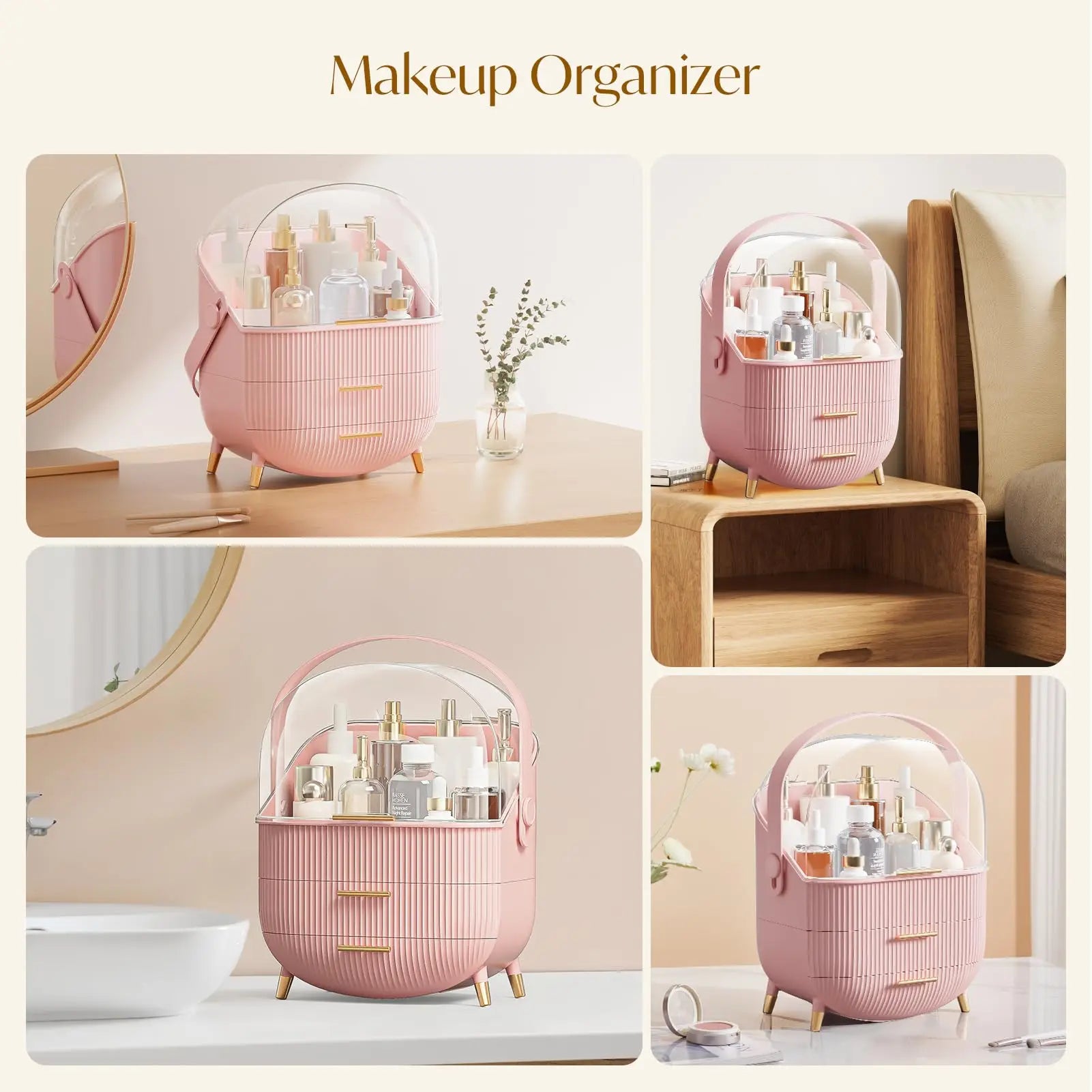 Makeup Storage Organizer with Lid Waterproof Cosmetics Skincare Organizer for Vanity Portable Cosmetics Storage Box for Girls